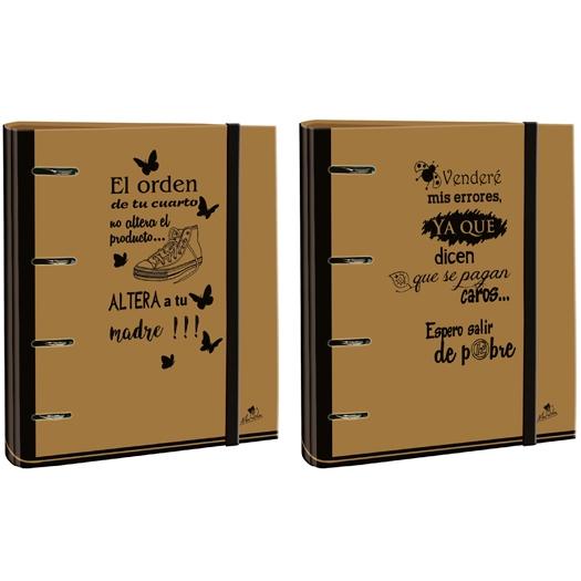 MARIOLA CARPEBLOCK ANILLAS MIXTAS 4 X 40MM FOLIO C/GOMA CARTÓN FORRADO ORO PLASTIFICADO 6 FRASES DISEÑOS SURTIDOS