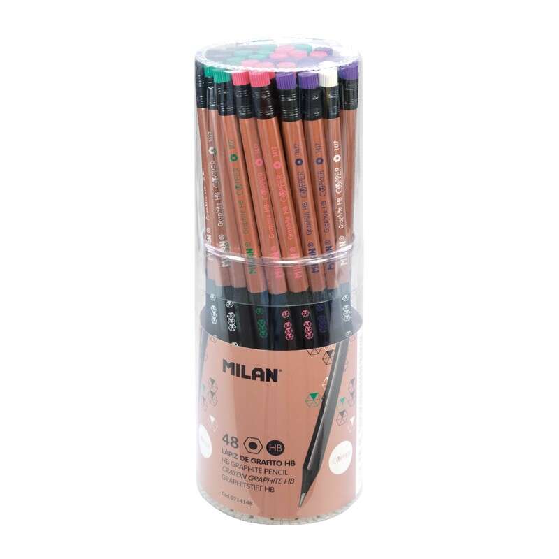 Milan Copper Lapiz de Grafito Hexagonal con Goma - Mina HB de 2.2mm - Resistente a la Rotura - Para Escritura y Dibujo - Colores de Cuerpo Surtidos - Cantidad: 48