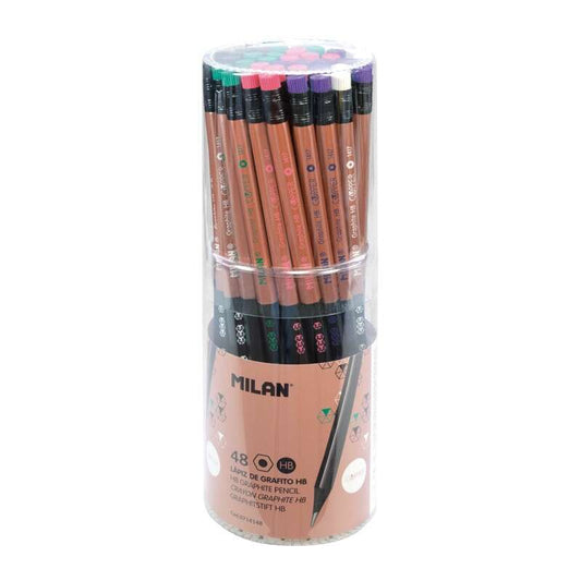 Milan Copper Lapiz de Grafito Hexagonal con Goma - Mina HB de 2.2mm - Resistente a la Rotura - Para Escritura y Dibujo - Colores de Cuerpo Surtidos - Cantidad: 48