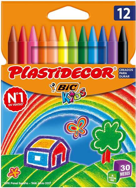 Bic Kids Plastidecor Caja de 12 Lapices de Cera - Extraresistentes - Facil de Sacar Punta - No Manch