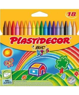 Bic Kids Plastidecor Caja de 18 Lapices de Cera - Extraresistentes - Facil de Sacar Punta - No Mancha