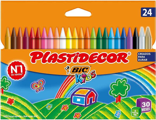 Bic Kids Plastidecor Caja de 24 Lapices de Cera - Extraresistentes - Facil de Sacar Punta - No Manch