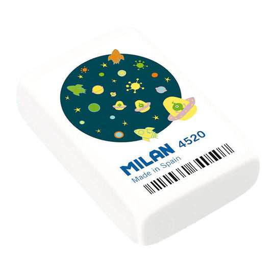 Milan 4520 Goma de Borrar Rectangular - Miga de Pan - Caucho Sintetico - Color Blanco - Envueltas Individualmente - Dibujos Infantiles Surtidos - Cantidad: 20