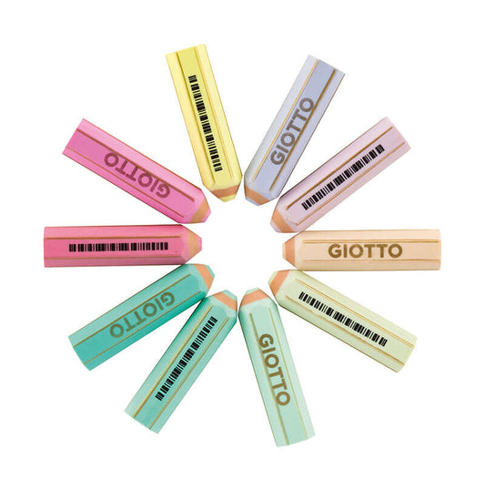 Giotto Happy Gomma Expositor de 40 Gomas de Borrar - Forma de Lapiz - Para Borrar Grafito - 10 Colores Pastel - Cantidad: 40