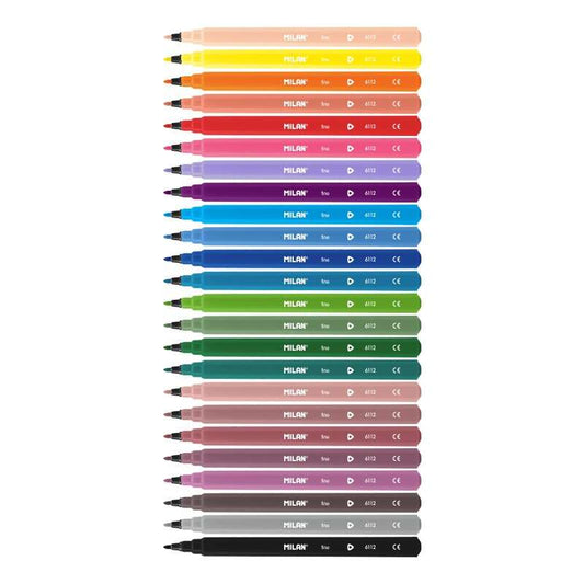 Milan Pack de 24 Rotuladores Triangulares - Punta Fina Conica 2mm - Tinta al Agua - Lavable - Colores Surtidos