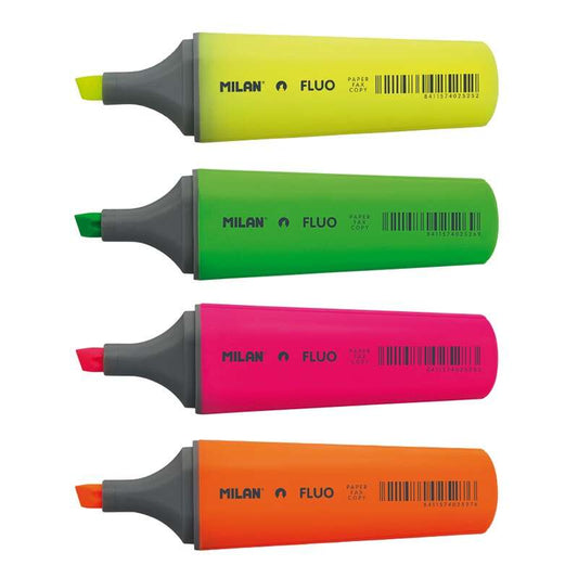 Milan Fluo Pack de 4 Marcadores Fluorescentes - Punta Biselada 1 - 4.8mm - Colores Amarillo, Naranja, Rosa y Verde