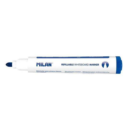 Milan Rotuladores para Pizarra Blanca Recargables - Punta Redonda 5mm - Tinta a base de Alcohol - Borrable en Seco - Color Azul - Cantidad: 12