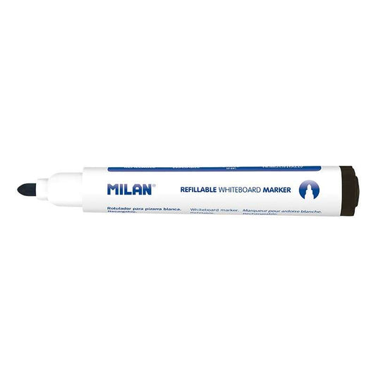Milan Rotuladores para Pizarra Blanca Recargables - Punta Redonda 5mm - Tinta a base de Alcohol - Borrable en Seco - Color Negro - Cantidad: 12