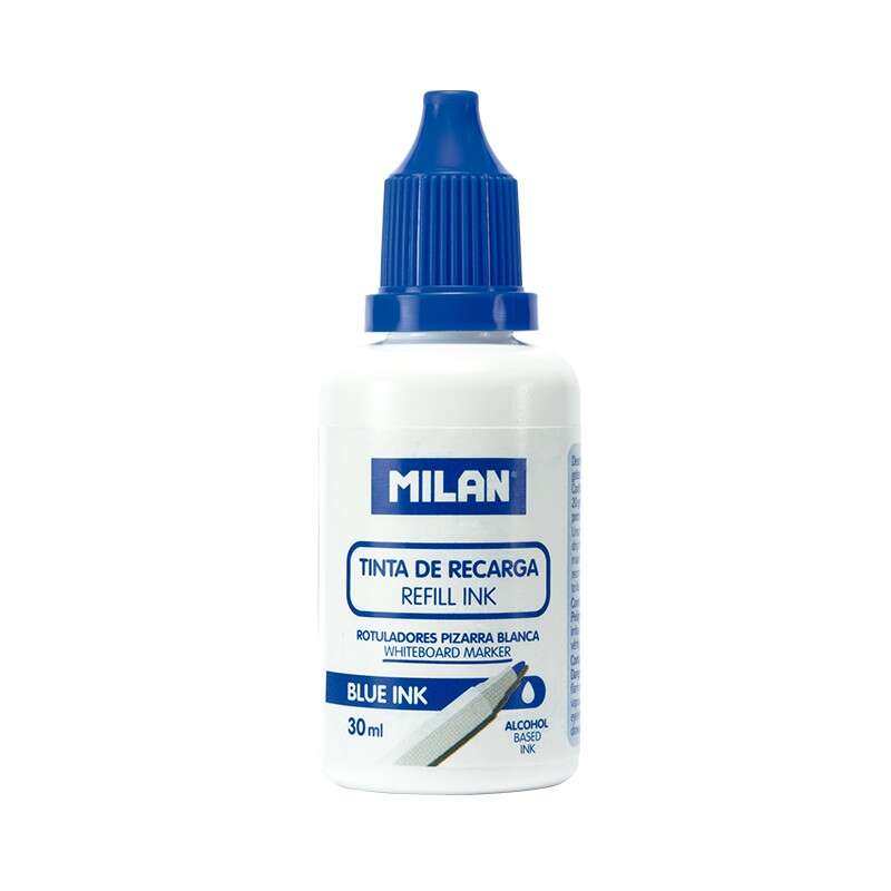 Milan Bote de Tinta para Rotuladores de Pizarra Blanca Recargables - 30ml - Tinta a base de Alcohol - Color Azul - Cantidad: 6