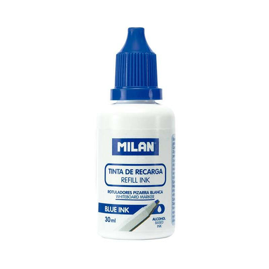 Milan Bote de Tinta para Rotuladores de Pizarra Blanca Recargables - 30ml - Tinta a base de Alcohol - Color Azul - Cantidad: 6