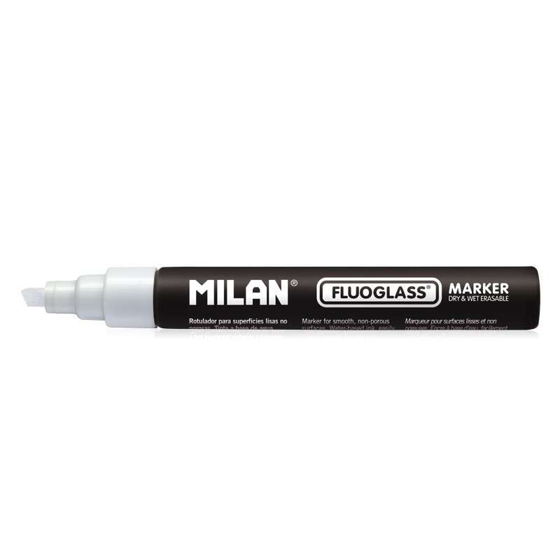 Milan Fluoglass Rotulador Superficies Lisas - Punta Biselada - Trazo de 2 - 4mm - Tinta al Agua - Borrado Facil - Color Blanco - Cantidad: 12