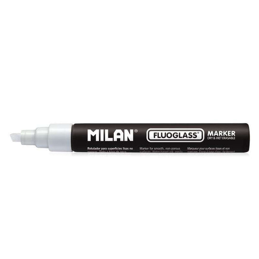 Milan Fluoglass Rotulador Superficies Lisas - Punta Biselada - Trazo de 2 - 4mm - Tinta al Agua - Borrado Facil - Color Blanco - Cantidad: 12