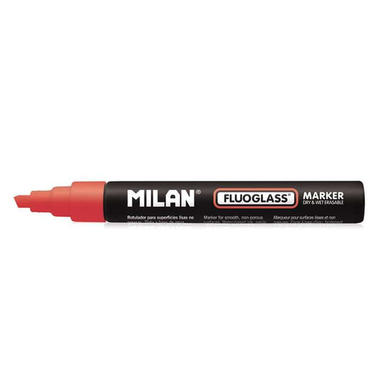 Milan Fluoglass Rotulador Superficies Lisas (No Porosas) - Punta Biselada - Trazo de 2 a 4mm - Tinta al Agua - Borrado Facil - Color Rojo - Cantidad: 12