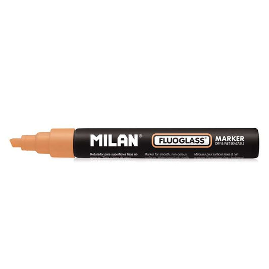 Milan Fluoglass Rotulador Superficies Lisas - Punta Biselada - Trazo de 2 - 4mm - Tinta al Agua - Borrado Facil - Color Naranja - Cantidad: 12