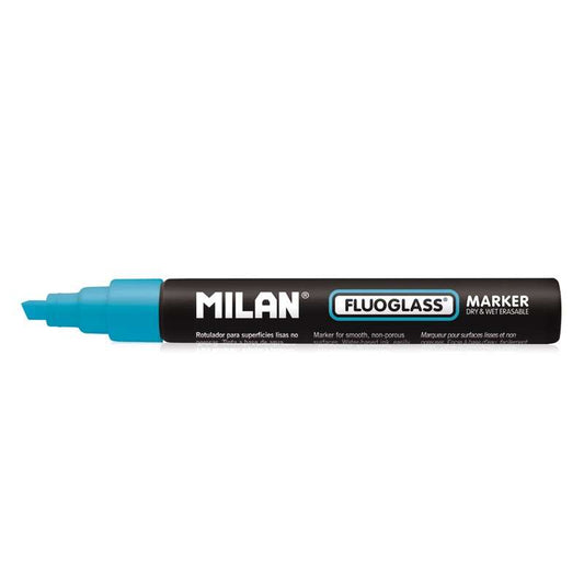 Milan Fluoglass Rotulador Superficies Lisas - Punta Biselada - Trazo de 2 - 4mm - Tinta al Agua - Borrado Facil - Color Azul - Cantidad: 12