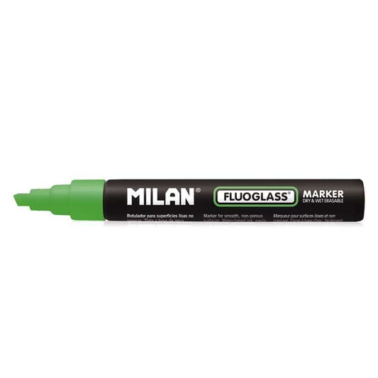 Milan Fluoglass Rotulador Superficies Lisas - Punta Biselada - Trazo de 2 - 4mm - Tinta al Agua - Borrado Facil - Color Verde - Cantidad: 12