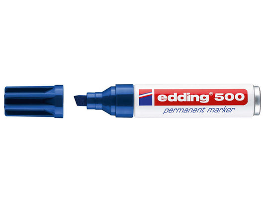 Edding 500 Rotulador Permanente - Punta Biselada - Trazo entre 2 y 7 mm. - Recargable - Secado Instantaneo - Color Azul - Cantidad: 10