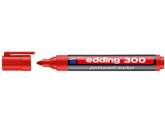 Edding 300 Rotulador Permanente - Punta Redonda - Trazo entre 1.5 y 3 mm. - Tinta Casi Inodora - Capuchon con Clip - Secado Rapido - Color Rojo - Cantidad: 10