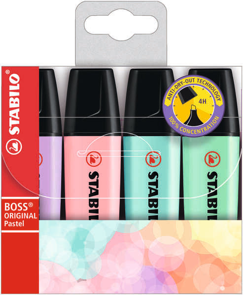 Stabilo Boss 70 Pastel Pack de 4 Rotuladores Marcadores Fluorescentes - Trazo entre 2 y 5mm - Recargable - Tinta con Base de Agua - Colores Pastel Surtidos