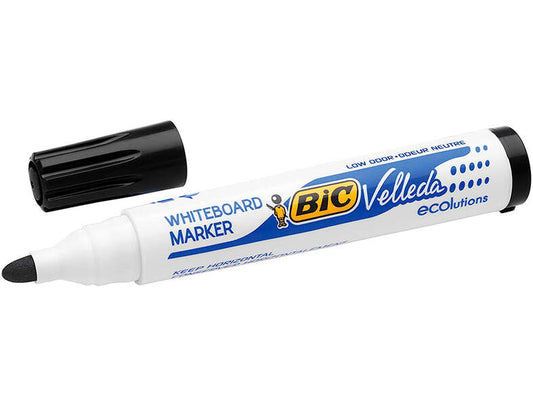 Bic Velleda 1701 ECOlutions Marcadores para Pizarra - Punta Redonda - Trazo de 1.5 mm - Tinta con Base de Alcohol - Ecologico - Borrado Optimo - Color Negro - Cantidad: 12