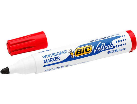 Bic Velleda 1701 ECOlutions Marcadores para Pizarra - Punta Redonda - Trazo de 1.5 mm - Tinta con Base de Alcohol - Ecologico - Borrado Optimo - Color Rojo - Cantidad: 12