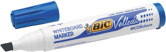 Bic Velleda 1751 ECOlutions Marcadores para Pizarra - Punta Biselada - Trazo entre 3mm y 5.5mm - Tinta con Base de Alcohol - Ecologico - Borrado Optimo - Color Azul - Cantidad: 12