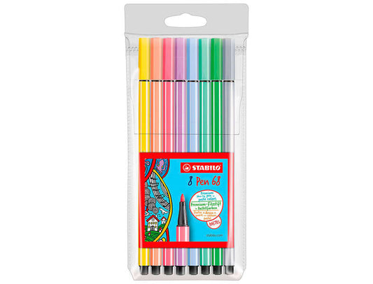 Stabilo Pen 68 Pack de 8 Rotuladores Acuarelables - Punta de Fibra - Trazo de 1mm aprox. - Tinta a Base de Agua - Capuchon Ventilado - Colores Pastel Surtidos