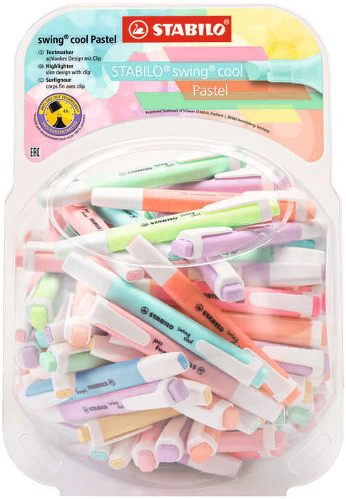 Stabilo Swing Cool Pastel Expositor de 100 Marcadores Fluorescentes - Cuerpo Plano - Punta Biselada - Trazo entre 1 y 4mm - Tinta con Base de Agua - Colores Surtidos