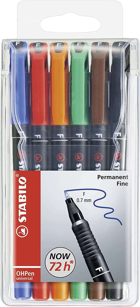 Stabilo OHPen Pack de 6 Rotuladores Permanentes - Punta Fina - Trazo de 0.7mm - Agarre Antideslizante - Tapon Ventilado - Colores Surtidos