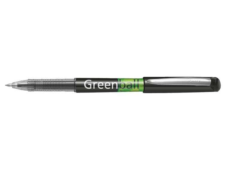 Pilot Boligrafo de Tinta Liquida Greenball - Recargable - Fabricado con Plastico Reciclado - Punta Media 0.7mm - Trazo 0.35mm - Color Negro - Cantidad: 10