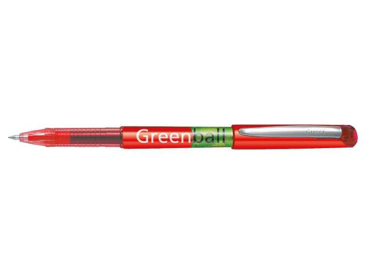 Pilot Boligrafo de Tinta Liquida Greenball - Recargable - Fabricado con Plastico Reciclado - Punta Media 0.7mm - Trazo 0.35mm - Color Rojo - Cantidad: 10