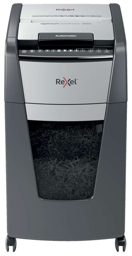 Rexel Optimum AutoFeed 300X Destructora Automatica de Corte en Particulas P-4 - Alimentacion Automatica 300 Hojas y Ranura Manual 10 Hojas - Funcionamiento Ininterrunpido 60min - Papelera de 34L - Color Gris/Plata