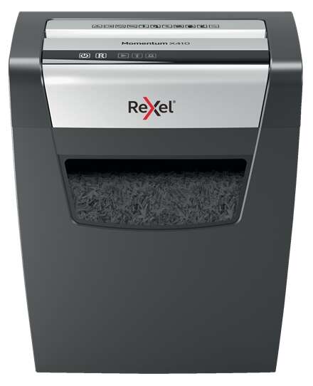 Rexel Momentum X410 Destructora de Papel Manual Corte Confeti P-4 - Destruye hasta 10 Hojas - Capacidad de la Papelera 23L - Color Negro/Plata