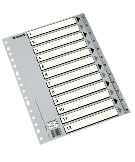 Esselte Indice Numerico de Plastico - Pestañas 1 al 12 - Multitaladro - Formato A4 - Color Gris - Cantidad: 50