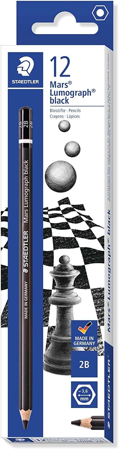 Staedtler Mars Lumograph Black Artist Pencil 100B Lapiz de Grafito - Mina 2B - Resistencia a la Rotura - Madera de Bosques Sostenibles - Cantidad: 12