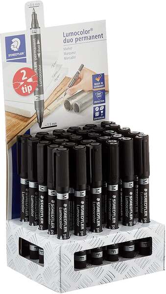 Staedtler Lumocolor 348 Expositor de 30 Rotuladores Permanentes de Doble Punta - Secado Rapido - Color Negro
