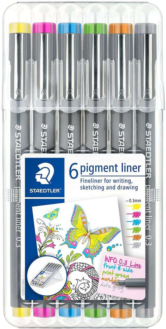 Staedtler Pigment Liner 308 Pack de 6 Rotuladores Calibrados - Trazo 0.3mm - Secado Rapido - Colores Surtidos