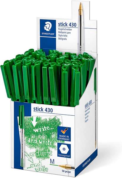 Staedtler Stick 430 Boligrafo con Capuchon - Punta 0.35mm - Tinta Endeleble - Color Verde - Cantidad: 50