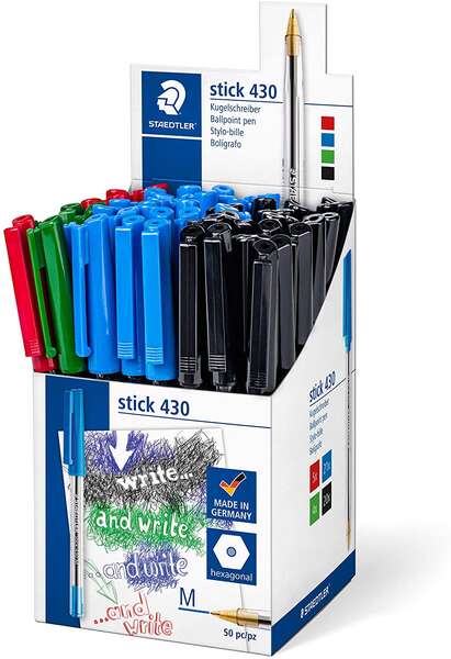 Staedtler Stick 430 Boligrafo de Bola Punta 0.35mm - Tinta Endeleble - Colores Surtidos - Cantidad: 50
