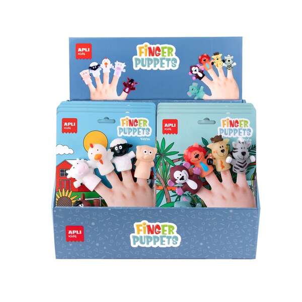 Apli Finger Puppets Expositor de 12 Packs de Marionetas para Dedos - Diseños Animales de la Granja y Animales de la Jungla - Recomendado para Niños a partir de 3 Años