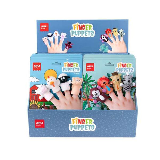 Apli Finger Puppets Expositor de 12 Packs de Marionetas para Dedos - Diseños Animales de la Granja y Animales de la Jungla - Recomendado para Niños a partir de 3 Años