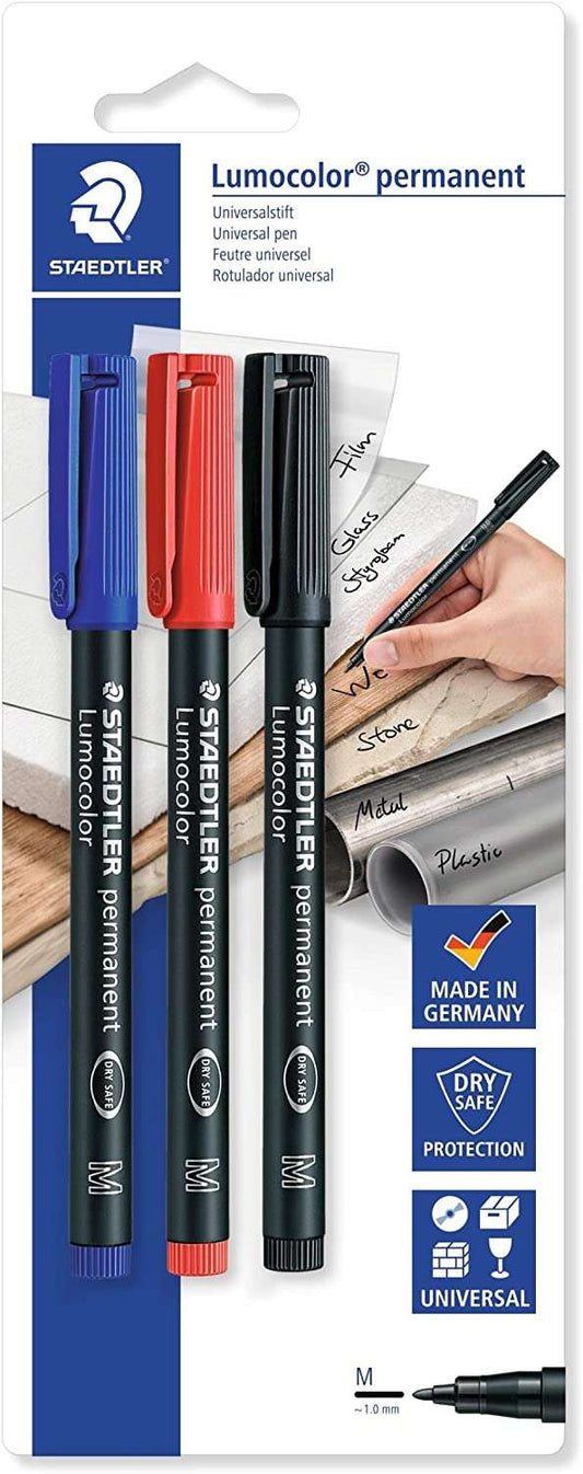 Staedtler Lumocolor Permanent Pen 317 Pack de 3 Rotuladores Permanentes - Trazo de 1mm Aprox - Secado Rapido - Colores Surtidos