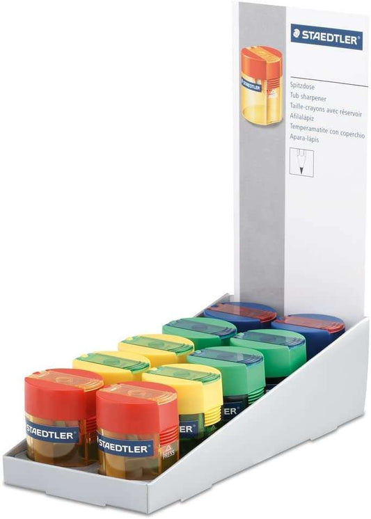 Staedtler 511 006 Expositor con 10 Sacapuntas con Deposito - Hasta 8.2mm - Angulo de Afilado 23º - Cantidad: 10