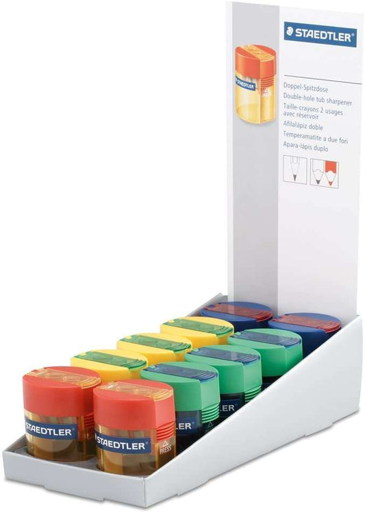 Staedtler Sacapuntas de 2 Orificios con Deposito - Para Lapices de 8.2mm y 10.2mm - Colores Neon Surtidos - Cantidad: 10