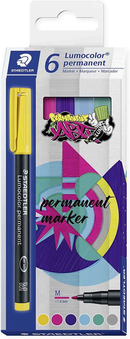 Staedtler Lumocolor 317 Pack de 6 Rotuladores Permanentes - Punta Media Redonda - Trazo 1mm Aprox - Capuchon con Clip - Secado Rapido - Colores Surtidos