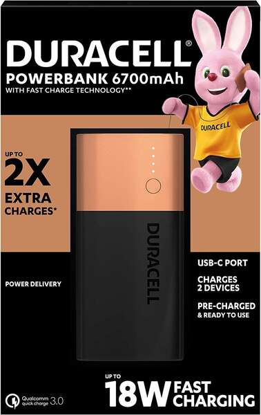 Duracell Bateria Externa/Power Bank 6700mAh PD 18W y QC 3.0 - 1x USB-A, 1x USB-C - Indicadores Led - 2 Dispositivos Simultaneamente
