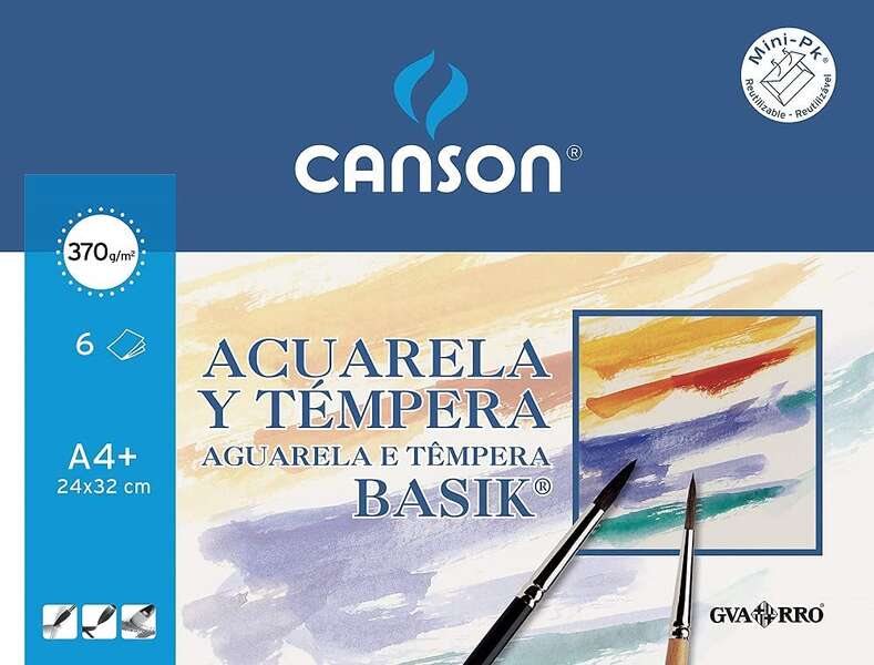 Canson Acuarela Basik Minipack de 6 Hojas A4+ 370gr - Muy Bien Encolado - De grano Ligero - Color Blanco
