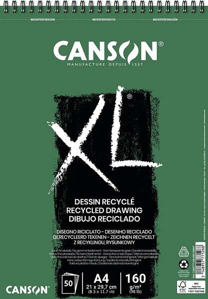 Canson XL Recycled Bloc de Dibujo con 50 Hojas A4 - Espiral Microperforado - Grano Fino - 160g - Color Blanco