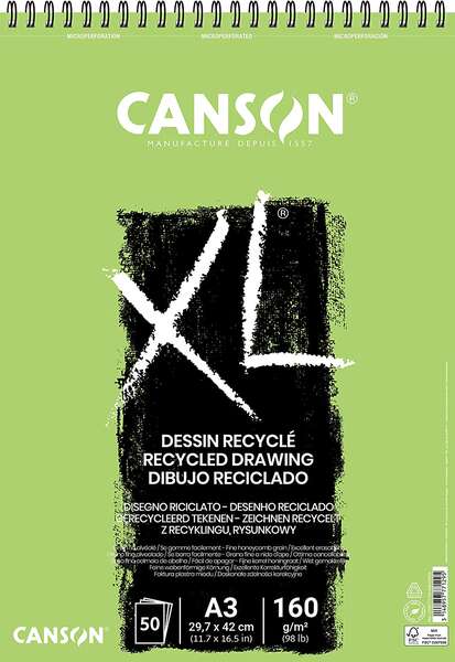 Canson XL Recycled Bloc de Dibujo con 50 Hojas A3 - Espiral Microperforado - Grano Fino - 160g - Color Blanco