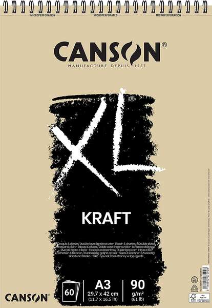 Canson XL Kraft Rayado Bloc de Dibujo con 60 Hojas A3 - Espiral Microperforado - 29.7x42cm - 90g - Color Beige